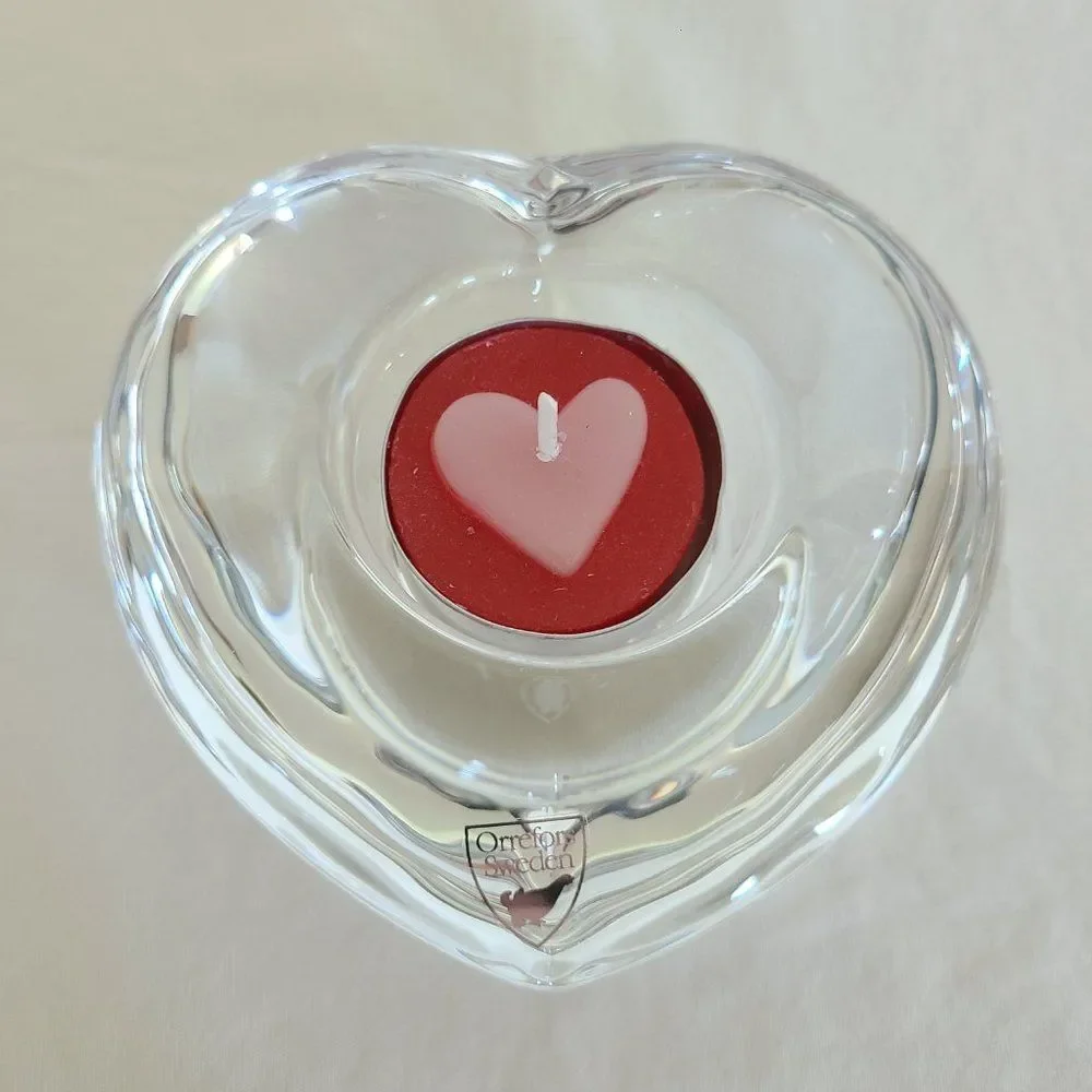 Orrefors Sweden Amour Heart Shaped Crystal Votive Tealight Candleholder Nordic